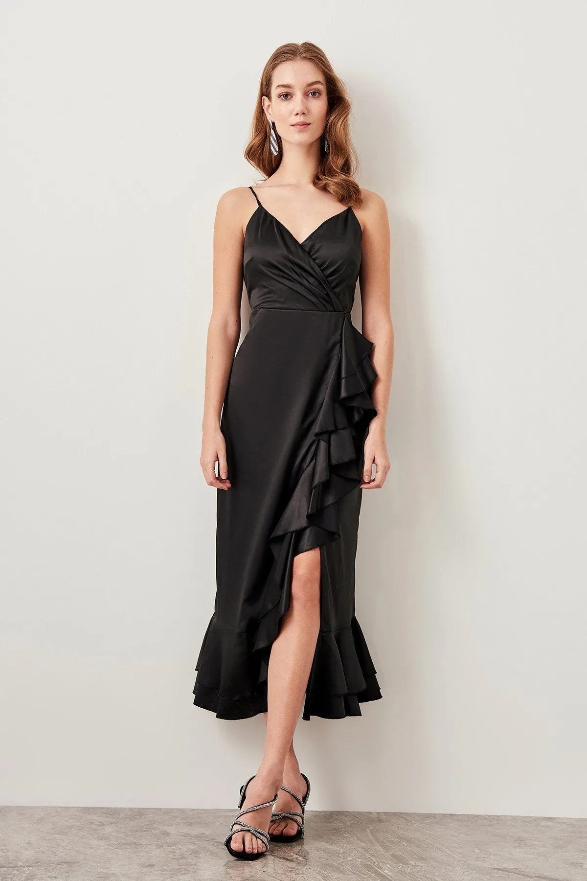 10864 Black Crepe-Satin Ruffle Slit Dress