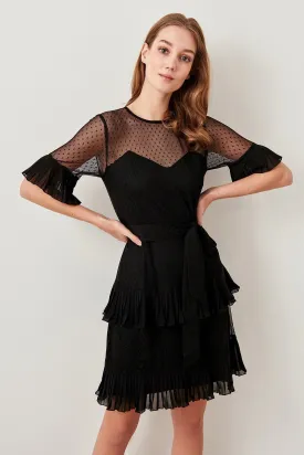 10871 Black Pleated Chiffon Tulle Dress