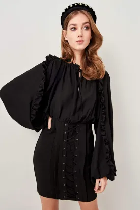 10873 Black Wide Sleeve Corset Detail Dress