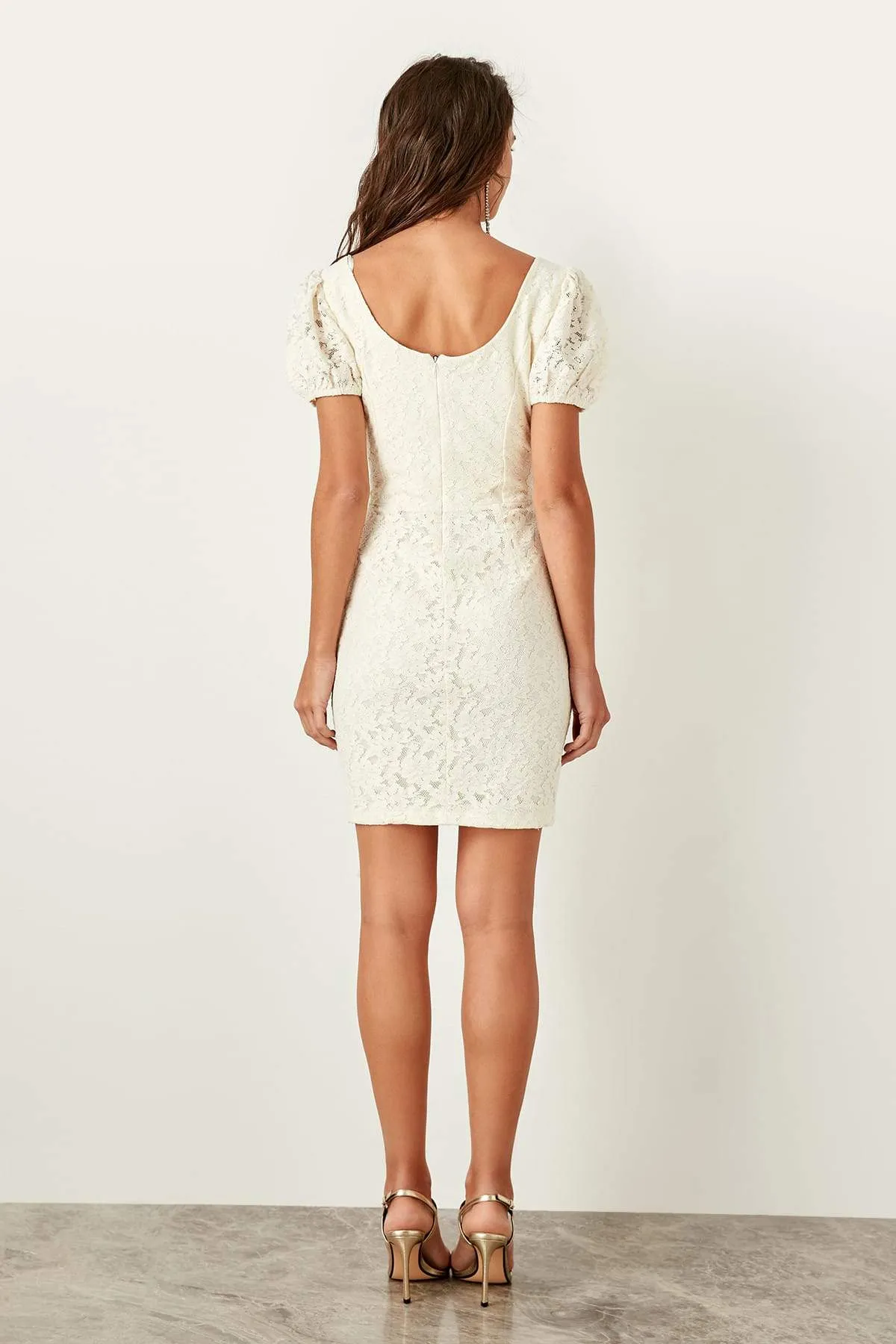 10919 Ecru Ruched Puff Sleeve Lace Dress