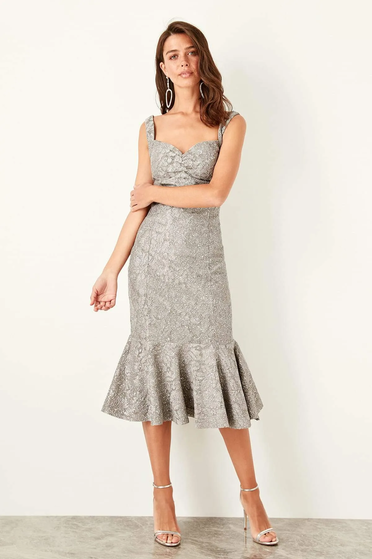 10929 Grey Silvery Midi Lace Dress