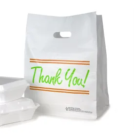 12" x 10" x 16"   10"BG 1.75 mil Printed White Take Out Bag w/ Die Cut Handle and Square-Cut Top, 500/CS