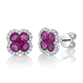 14K White Gold Ruby and Diamond Clover Stud Earrings