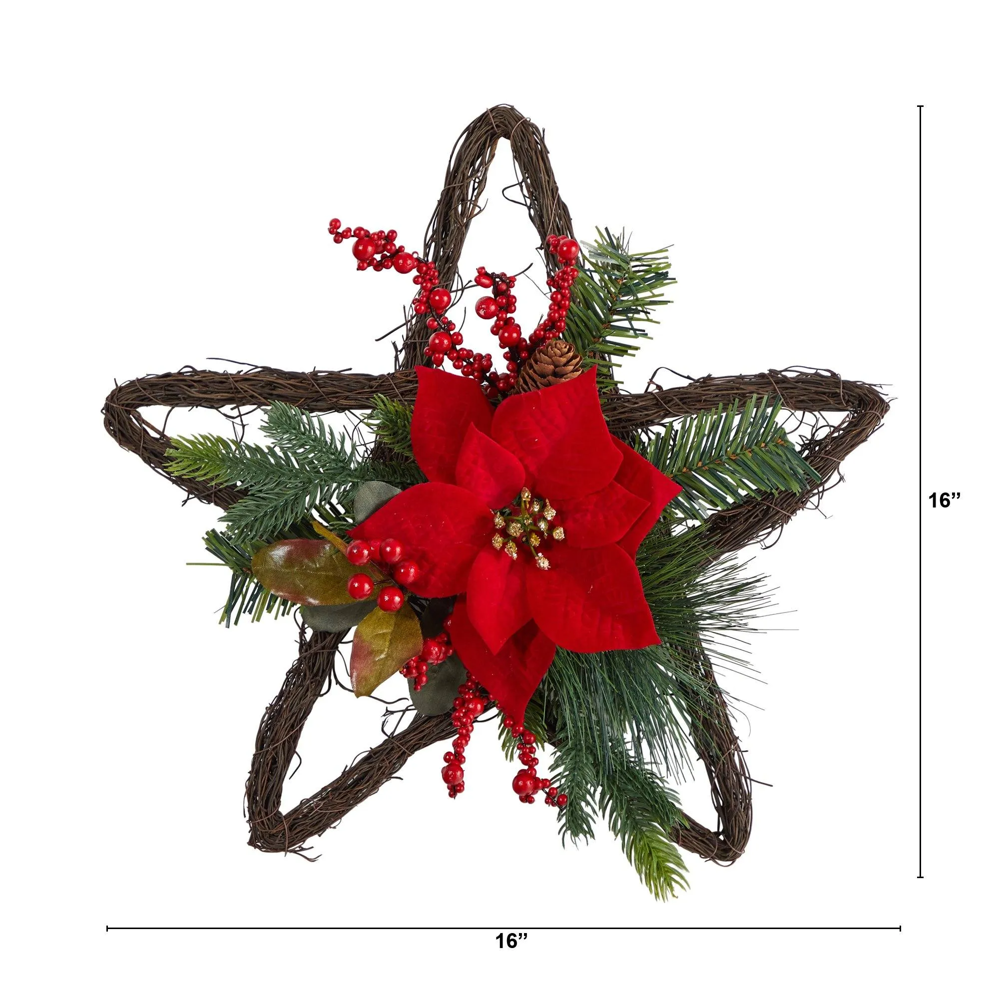 16” Holiday Christmas Poinsettia Star Twig Wreath