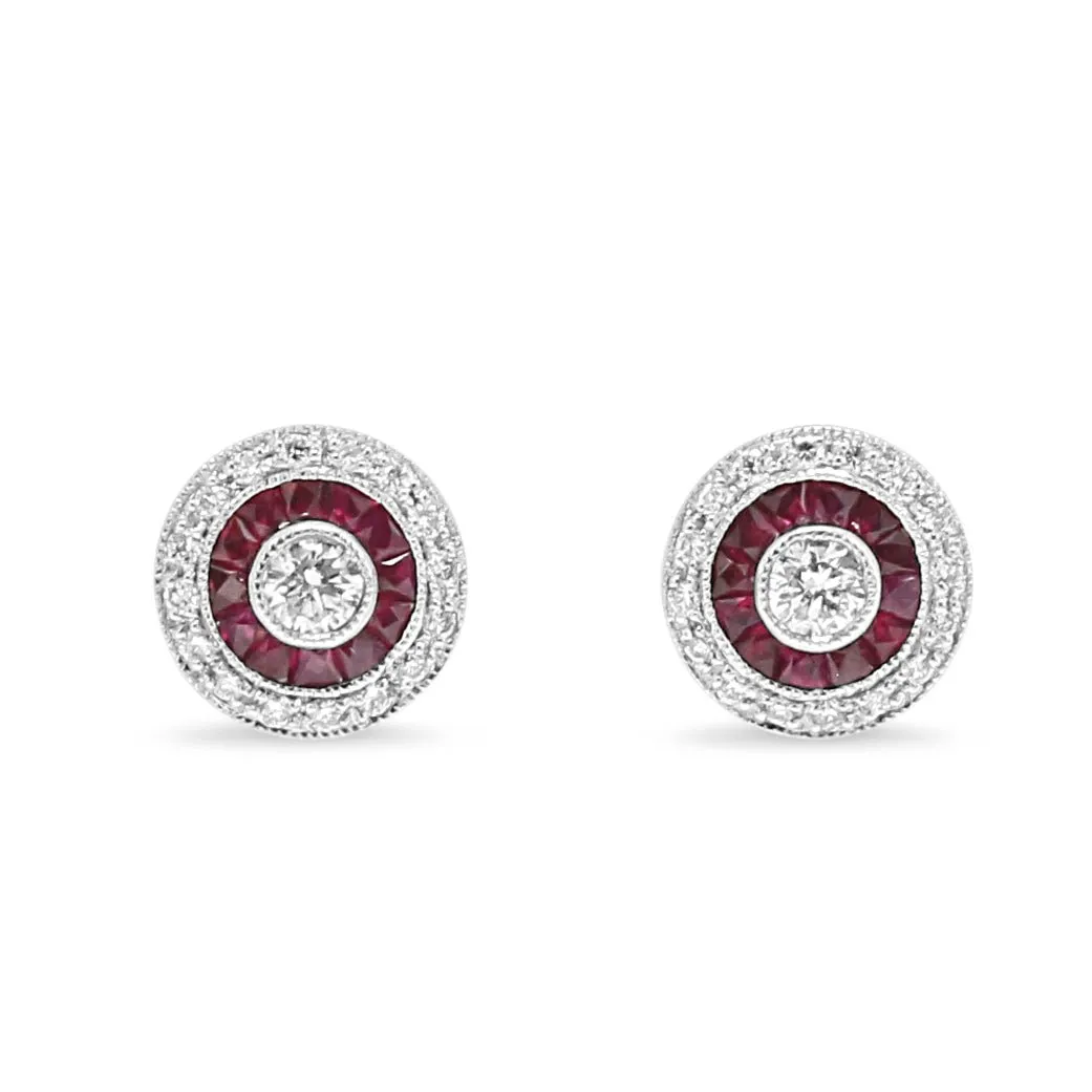 18ct White Gold Diamond & Ruby Target Cluster Stud Earrings