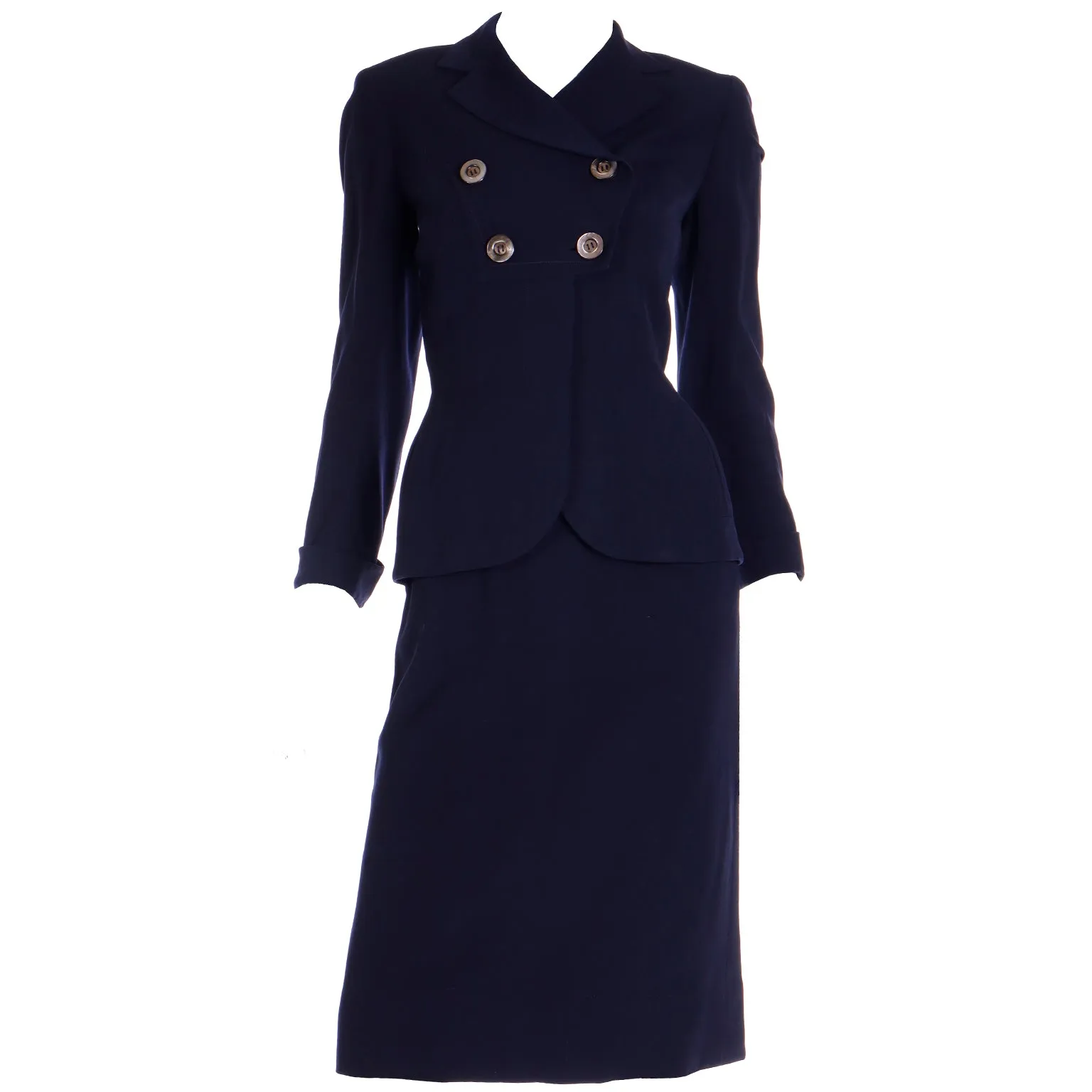 1940s Vintage WWII 2 Pc Navy Blue Skirt & Jacket Suit