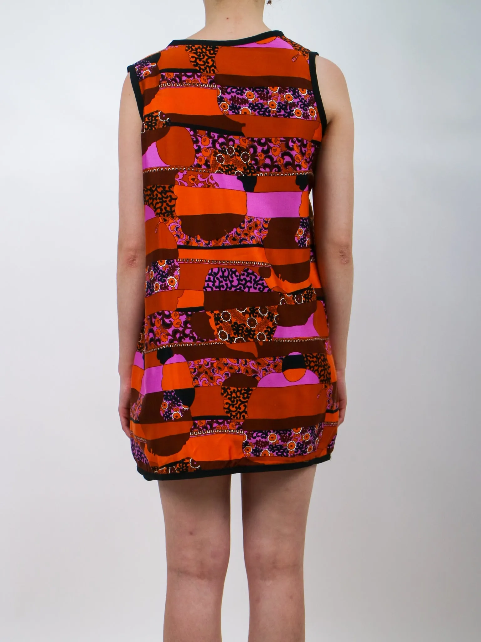 1960s Mod Orange Pink and Black Wrap Mini Dress