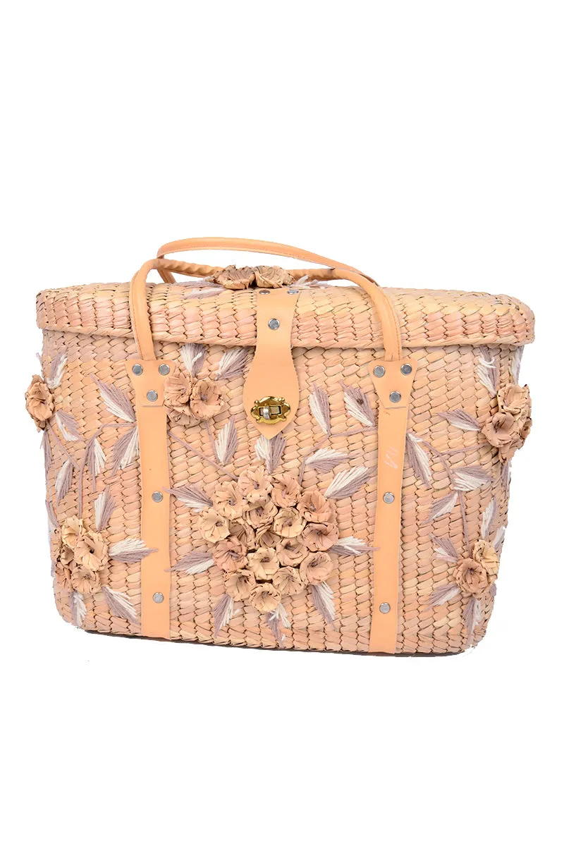 1960s Straw Picnic Basket Handbag w/ Straw Flowers & Embroidered Leaves