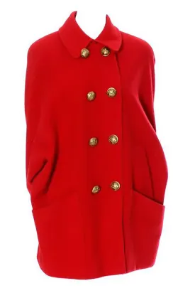 1980s Guy Laroche Boutique Vintage Red Wool Coat Brass Buttons Dolman Sleeves