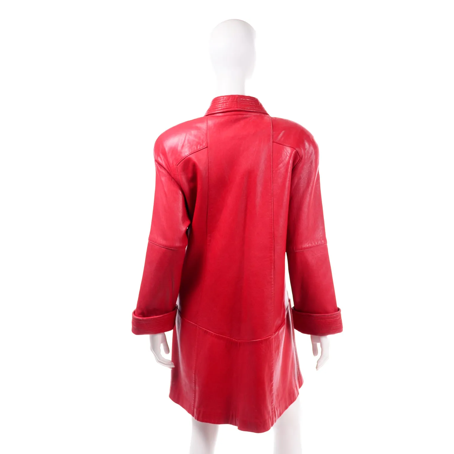 1980s Red Vintage Leather Open Front Coat With Shawl Collar