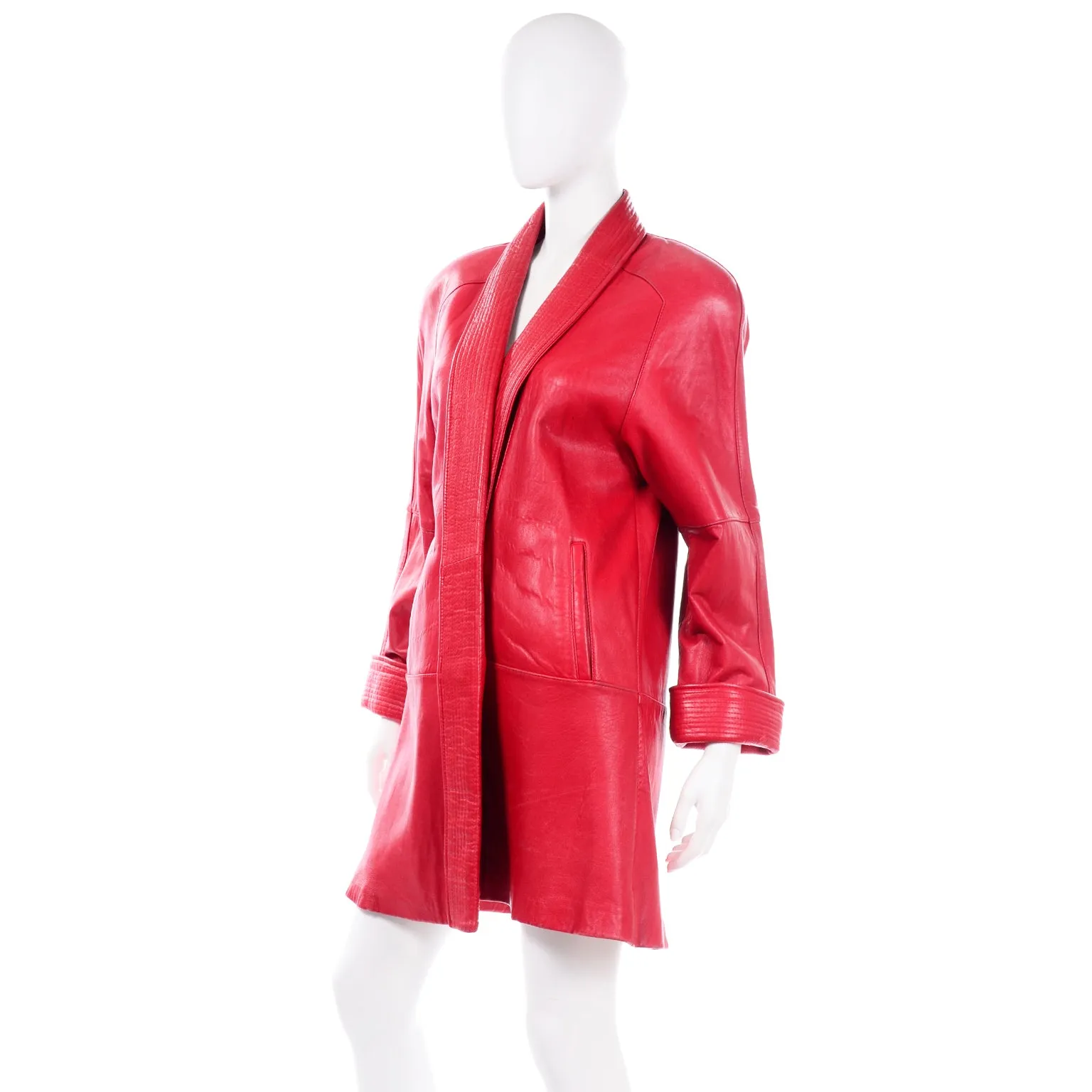 1980s Red Vintage Leather Open Front Coat With Shawl Collar