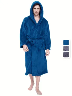 1pc Mens Luxurious Coral Velvet Hooded Robe - Cozy & Stylish Plain Color Sleepwear - Extra-Long & Soft for Post-Bath Lounging Night-Robe Set