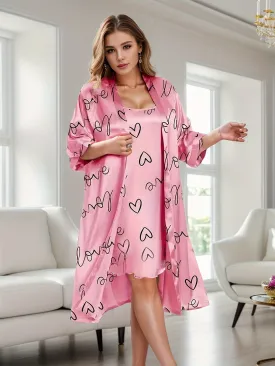 2-Piece Plus Size Elegant Bathrobe Set - Luxurious Satin Heart & Letter Print Open Front Robe and Cami Nightgown Loungewear for Women - Soft, Cozy, and Comfortable