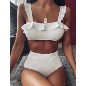 2 Piece Ruffle High Waist Swimwear Women Swimsuit Push Up Bikini Set Solid Bathing Suit Summer Beach Wear Swimming Suit