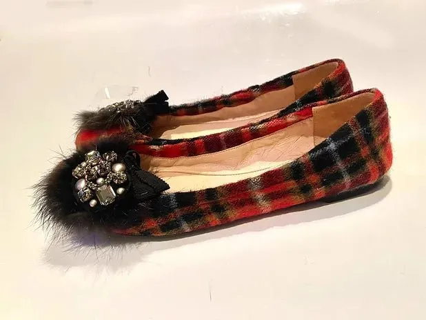 2000s PRADA TARTAN WOOL JEWELED EMBELLISHED BALLERINA FLATS