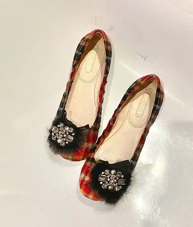 2000s PRADA TARTAN WOOL JEWELED EMBELLISHED BALLERINA FLATS