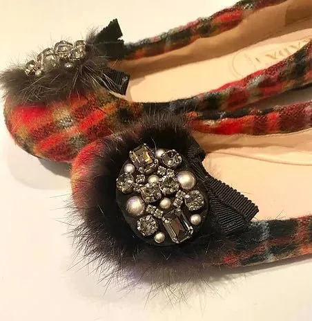 2000s PRADA TARTAN WOOL JEWELED EMBELLISHED BALLERINA FLATS