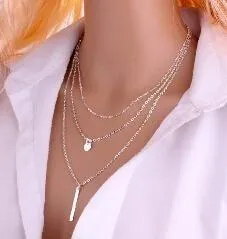 2018 New Women Fashion Gold Color 3 Layers Chain Necklace Hollow Out Triangle Long Pendant