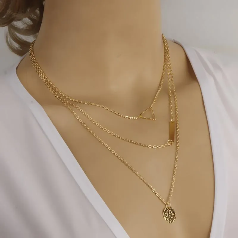 2018 New Women Fashion Gold Color 3 Layers Chain Necklace Hollow Out Triangle Long Pendant