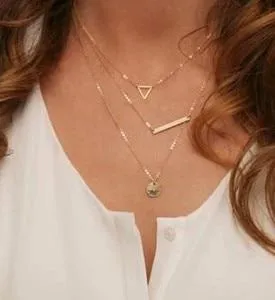 2018 New Women Fashion Gold Color 3 Layers Chain Necklace Hollow Out Triangle Long Pendant