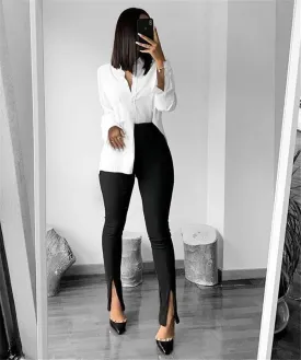 2021 New Ladies Casual Skinny High Waist Trousers Casual Women Solid Color Red Black Slit Flare Pants