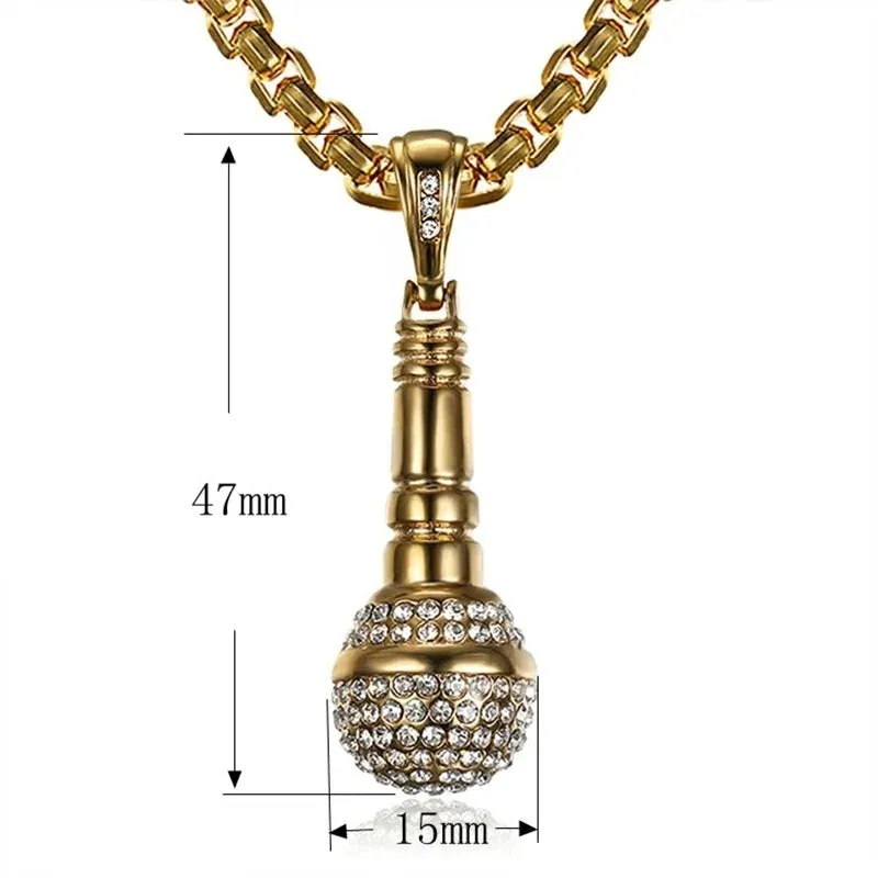 24 Karat  Gold-Plated Microphone Handcrafted  Pendant Necklace with Rainstones For Good Luck Man and Woman