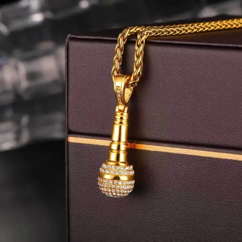 24 Karat  Gold-Plated Microphone Handcrafted  Pendant Necklace with Rainstones For Good Luck Man and Woman