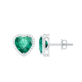 2.75 CT Heart Shape Created Emerald and Diamond Halo Stud Earrings