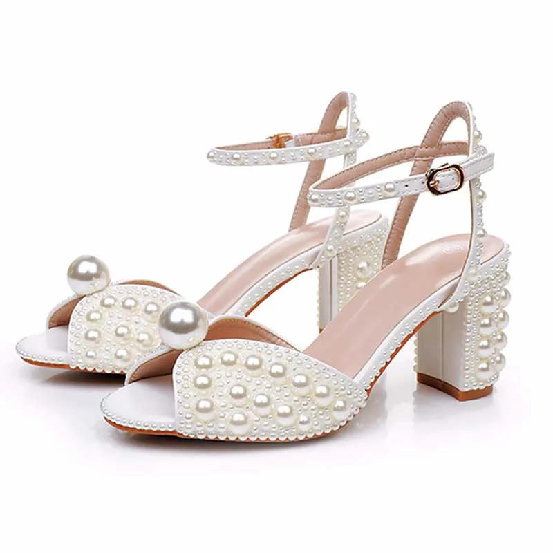 2.96" Chunky Wedding Sandals Vintage Peep Toe Block Heeled Bridal Shoes