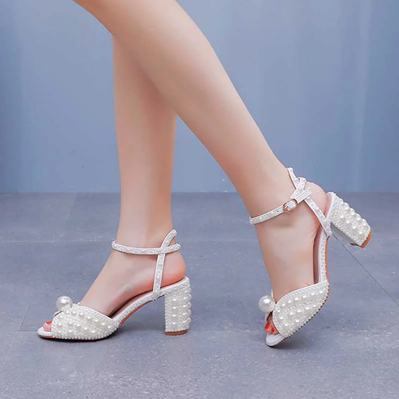 2.96" Chunky Wedding Sandals Vintage Peep Toe Block Heeled Bridal Shoes