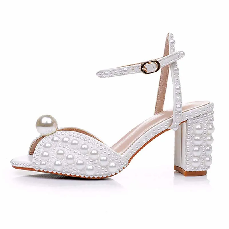 2.96" Chunky Wedding Sandals Vintage Peep Toe Block Heeled Bridal Shoes