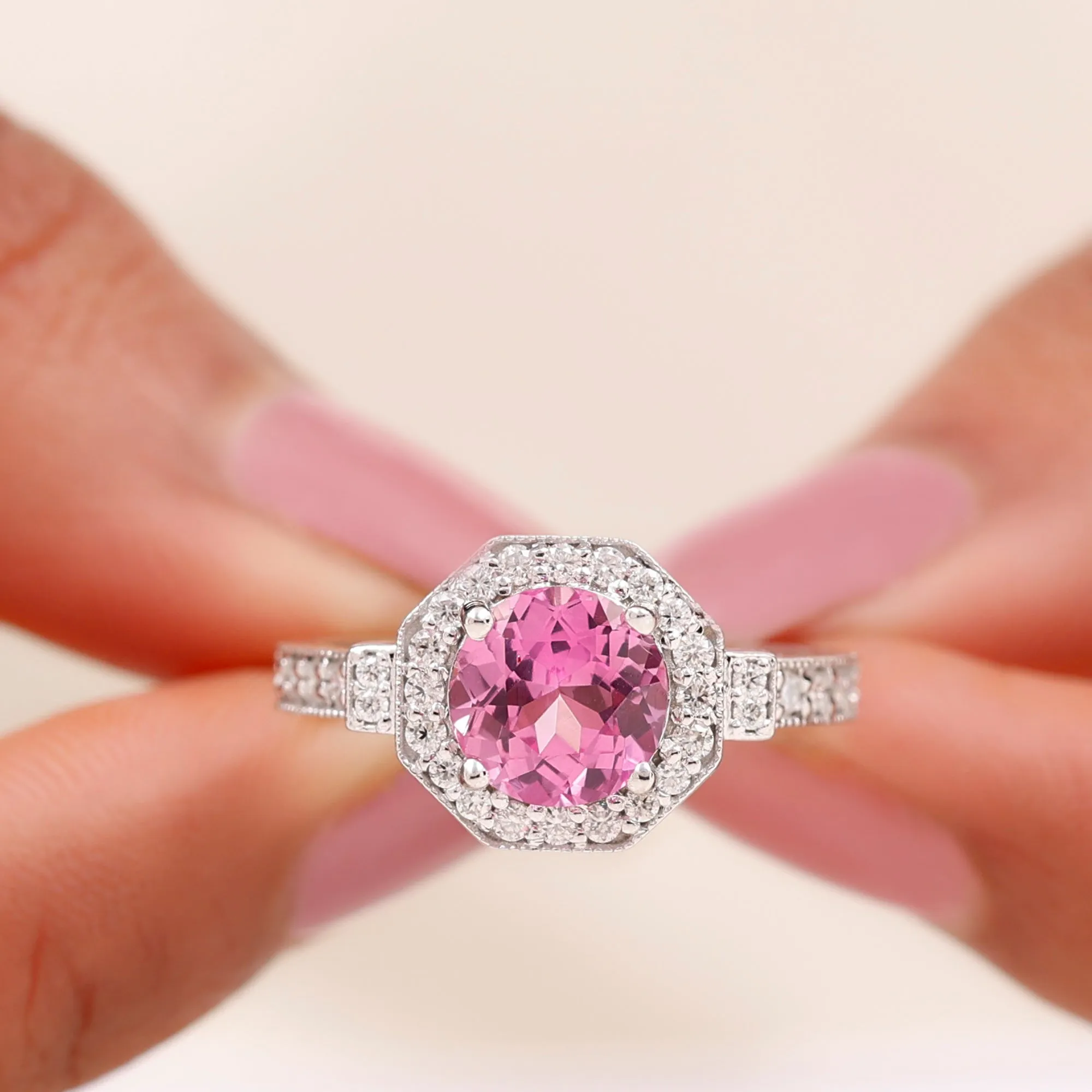 3.25 CT Created Pink Sapphire Vintage Inspired Engagement Ring with Diamond