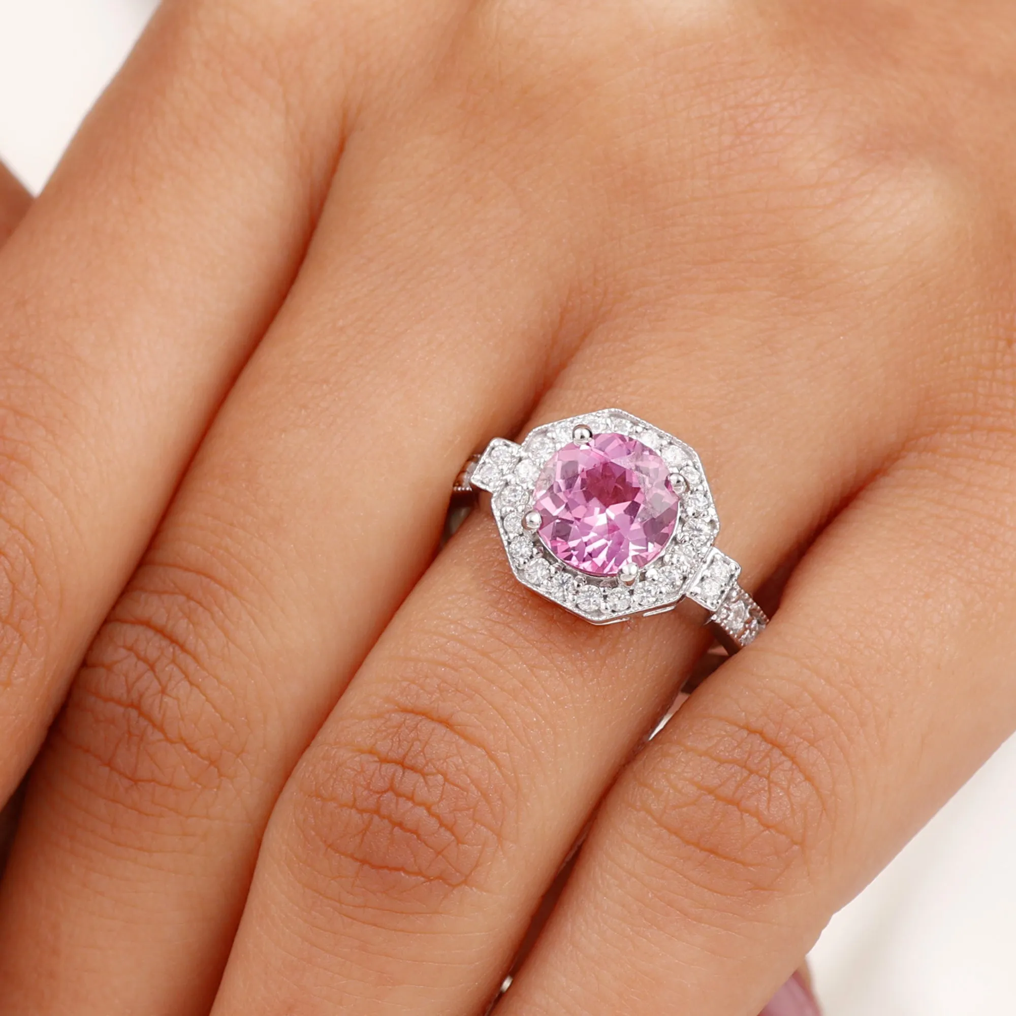 3.25 CT Created Pink Sapphire Vintage Inspired Engagement Ring with Diamond