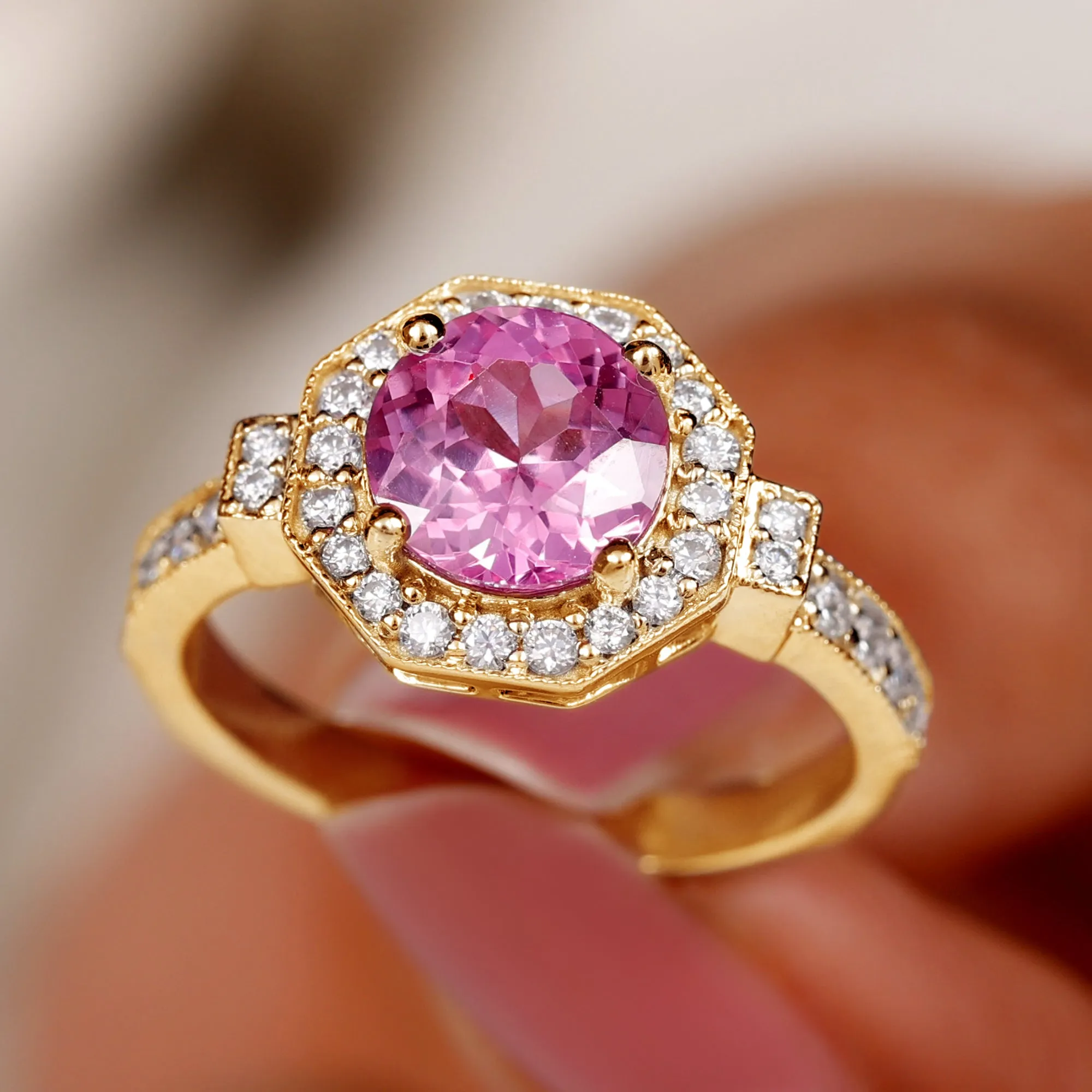 3.25 CT Created Pink Sapphire Vintage Inspired Engagement Ring with Diamond