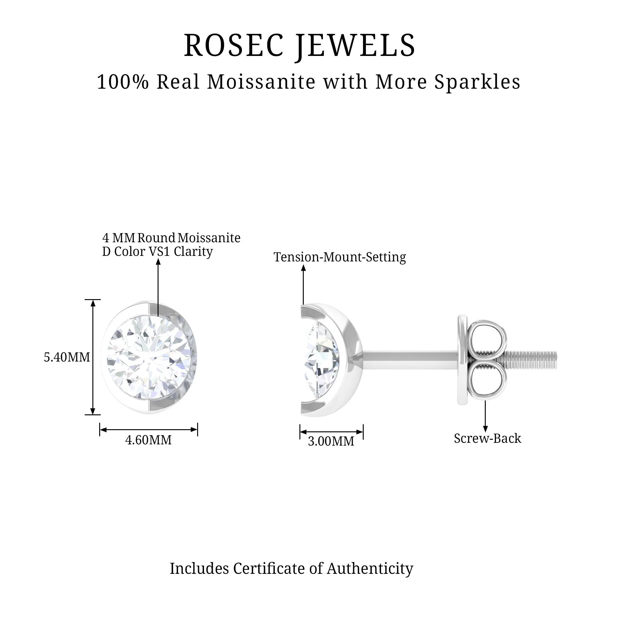 3/4 CT Round Moissanite Solitaire Stud Earrings in Gold