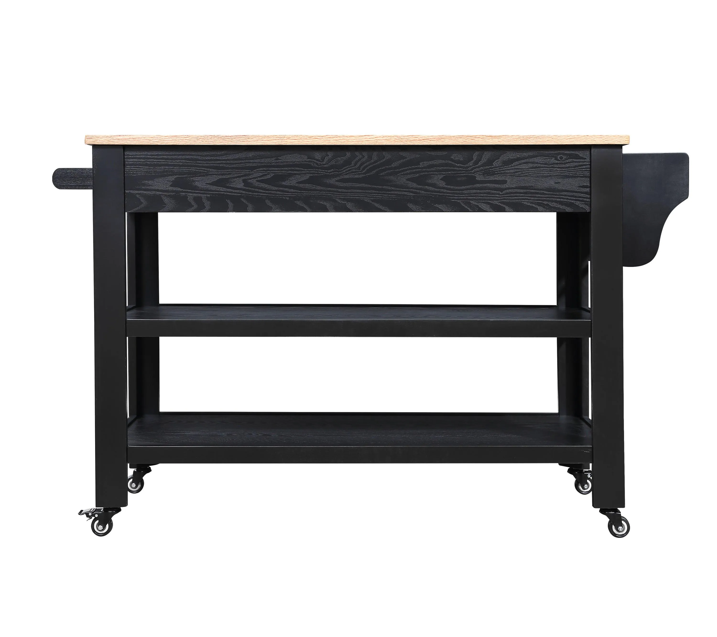 57" Rolling Kitchen Island with Oak Top, 2 Drawers, Wine & Spice Rack, Two-Sided, Black   Natural