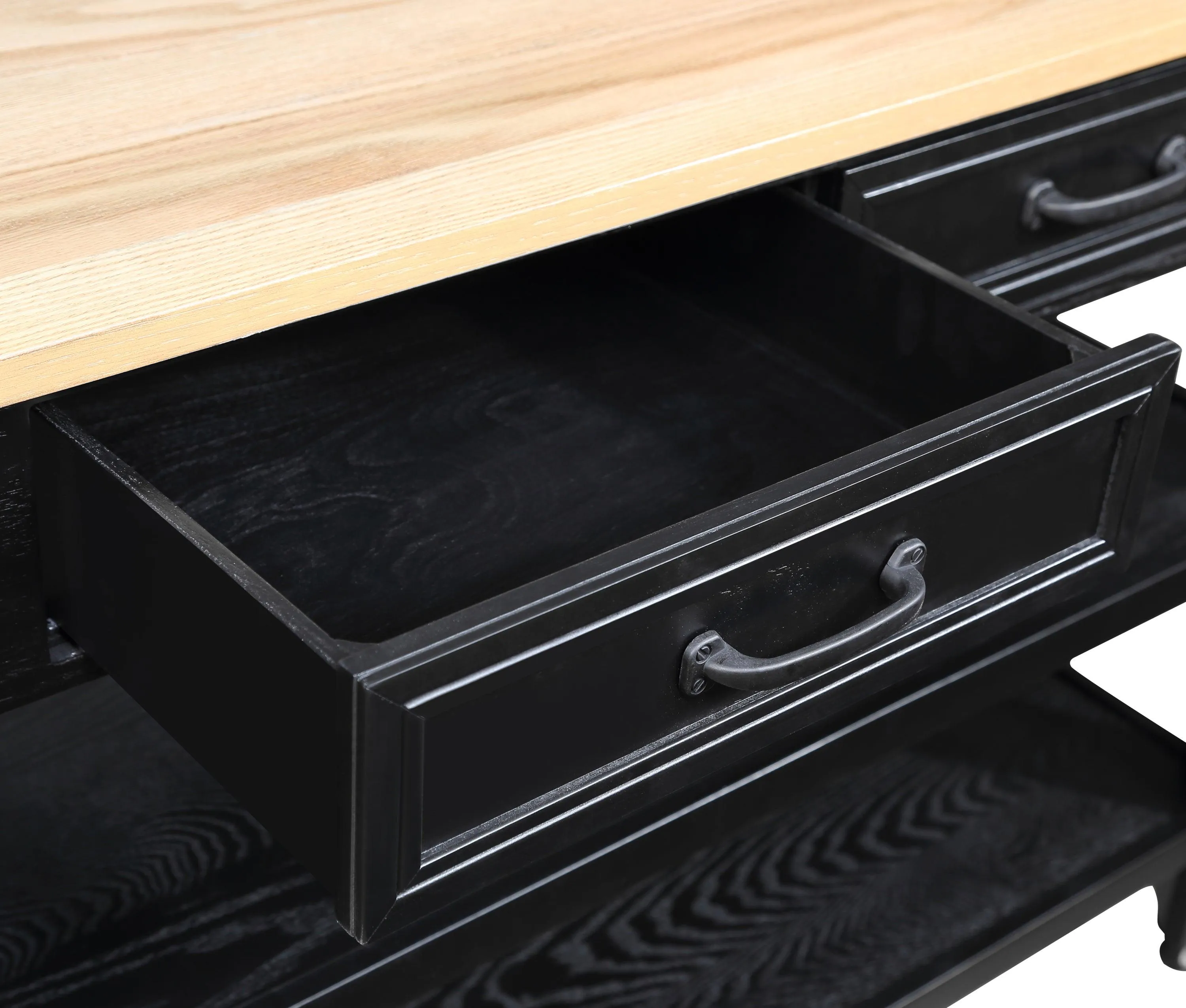 57" Rolling Kitchen Island with Oak Top, 2 Drawers, Wine & Spice Rack, Two-Sided, Black   Natural