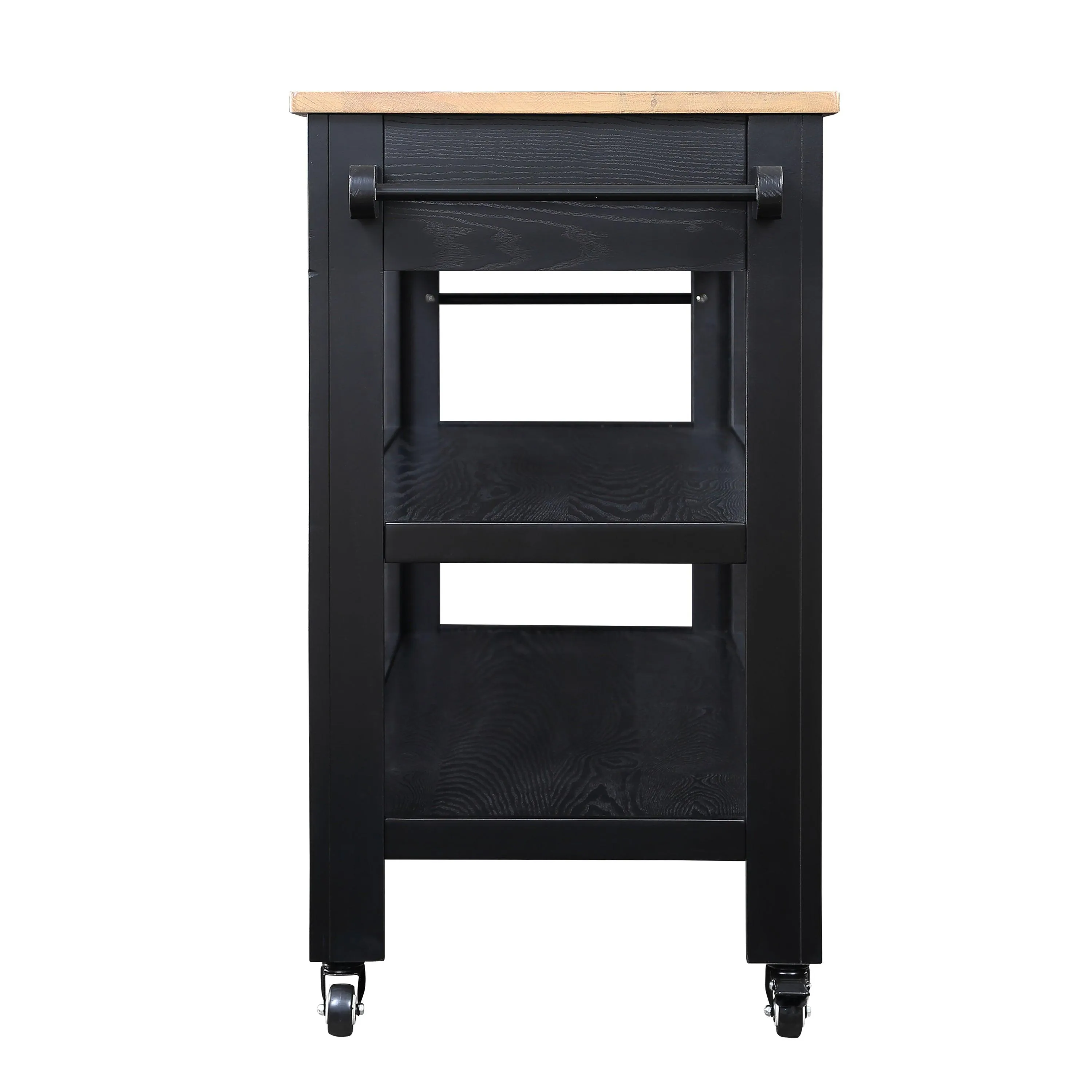 57" Rolling Kitchen Island with Oak Top, 2 Drawers, Wine & Spice Rack, Two-Sided, Black   Natural