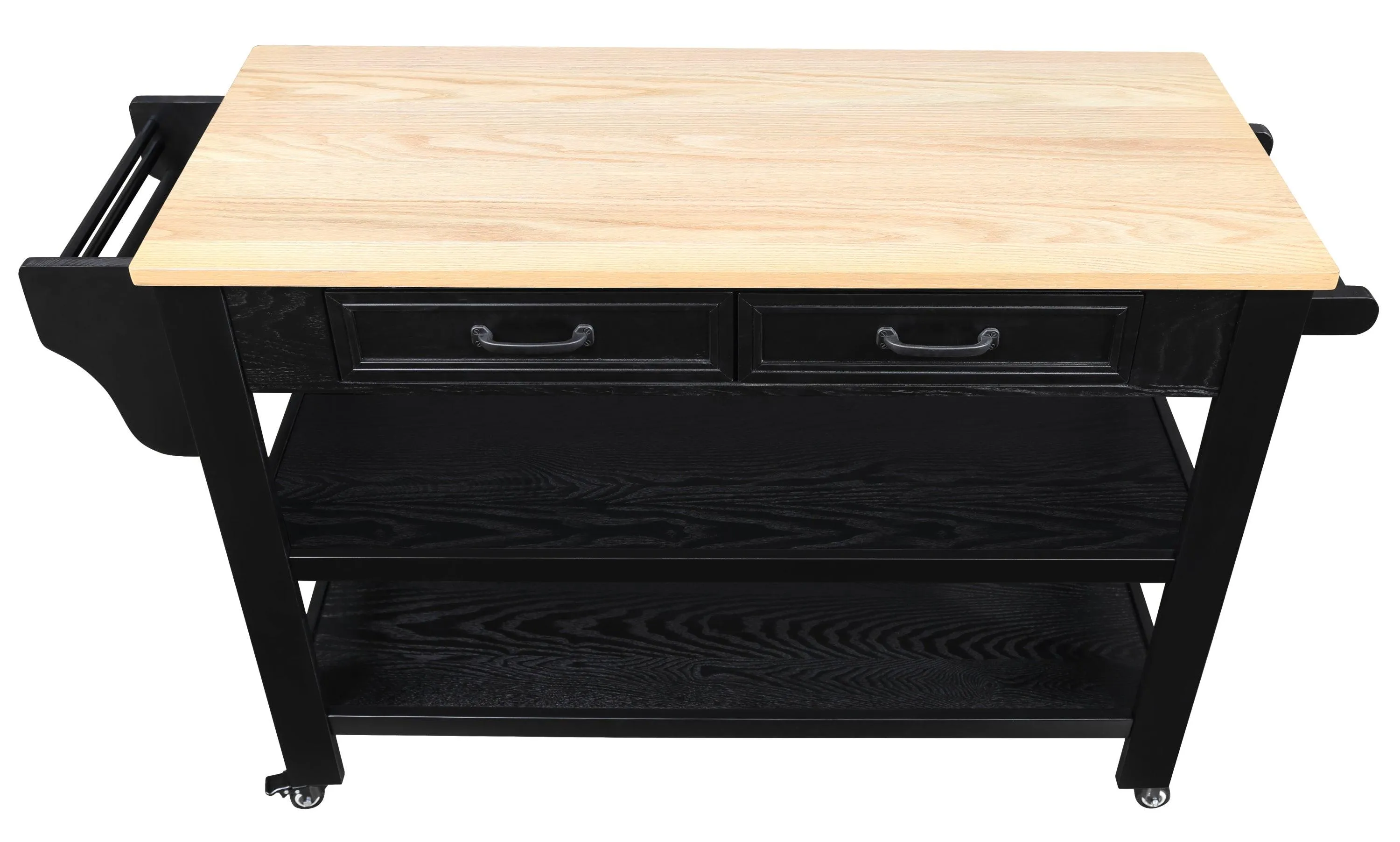 57" Rolling Kitchen Island with Oak Top, 2 Drawers, Wine & Spice Rack, Two-Sided, Black   Natural