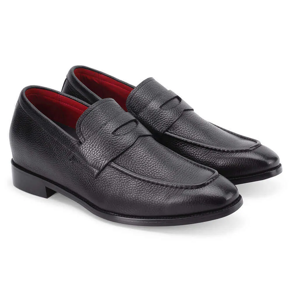 7 CM / 2.76 Inches Taller - CMR CHAMARIPA Loafer Shoes That Add Height - Grain Penny Loafer - Black