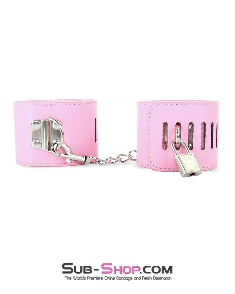 7899M-SIS      Locking Sissy Princess Pink Vegan Leather Handcuffs & Chain Set