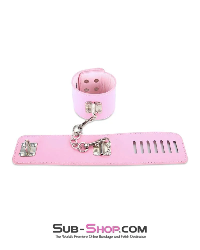 7899M-SIS      Locking Sissy Princess Pink Vegan Leather Handcuffs & Chain Set