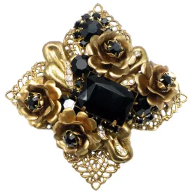 #886p Jet, Rhinestone & Gold Tone Flower Vintage Pin