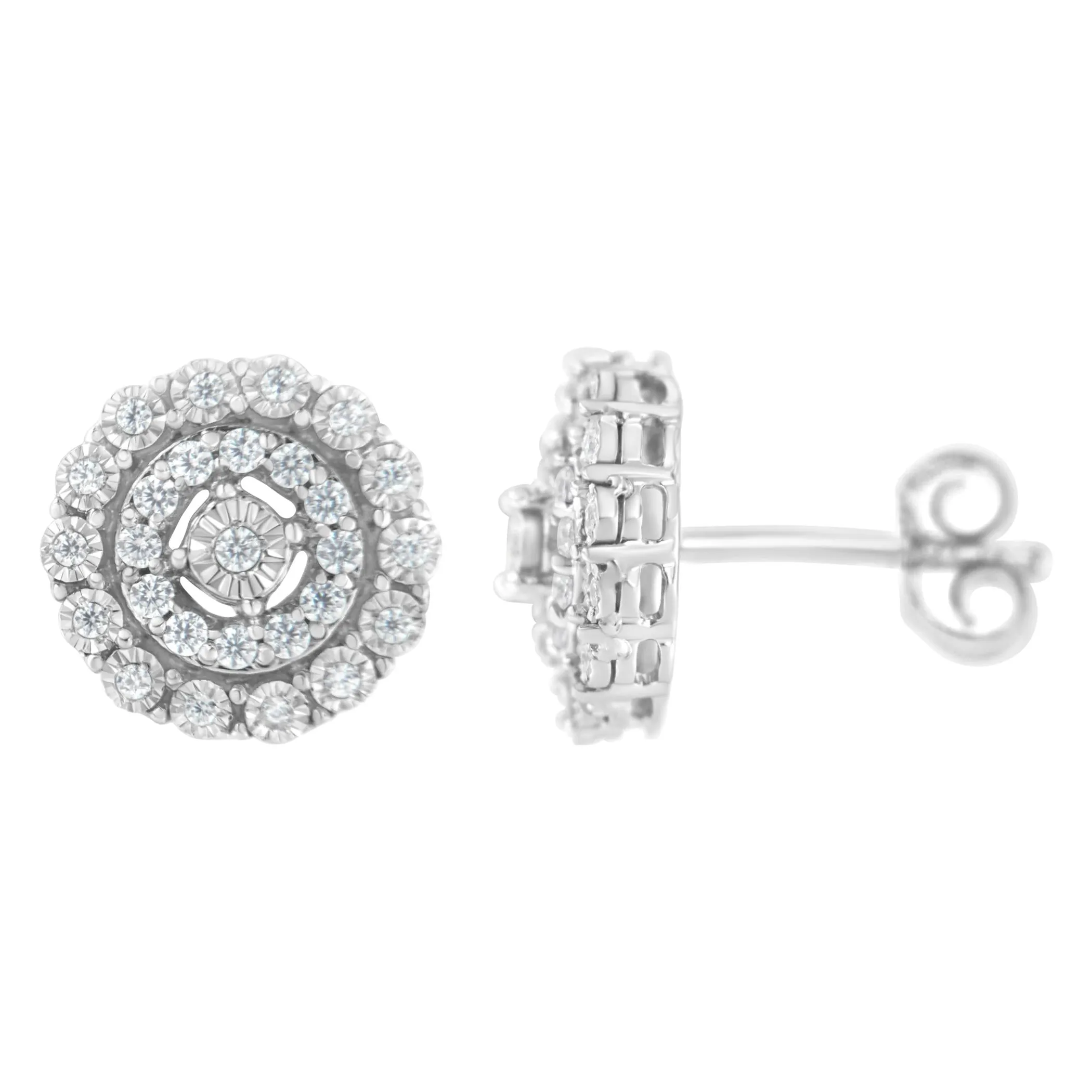 .925 Sterling Silver 1/2 cttw Miracle-Set Diamond Double Halo Stud Earring (I-J Clarity, I3 Color)