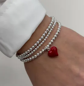 925 Sterling Silver Red Puff Heart Charm Bracelet, Red Heart Charm Bracelet, Heart Charm Bracelet, Stacked Bracelets