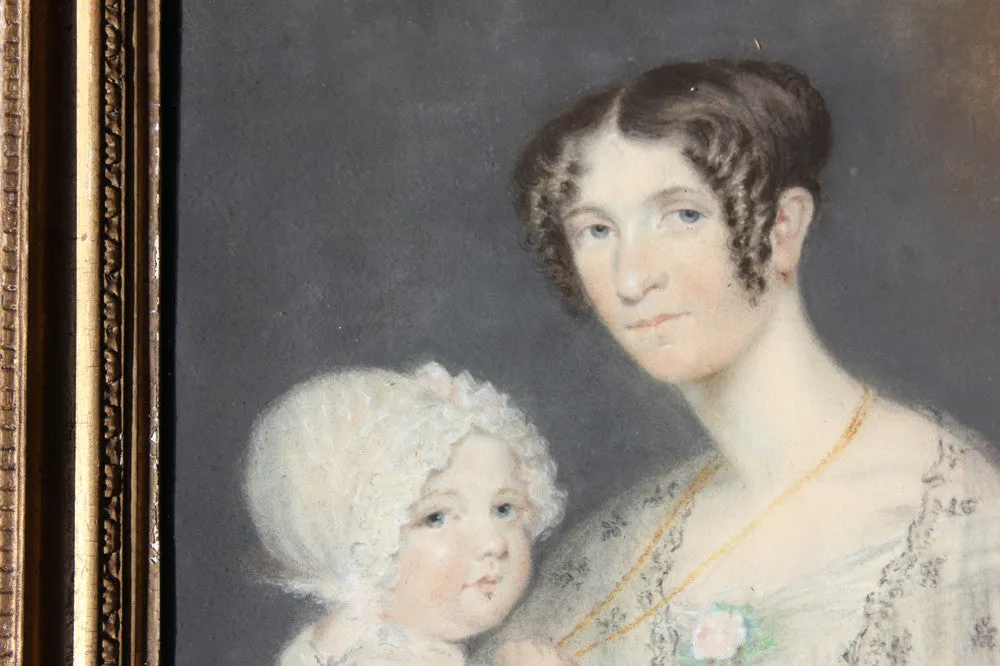 A Good c.1830s Provincial English School Pastel Portrait of a Mother & Child