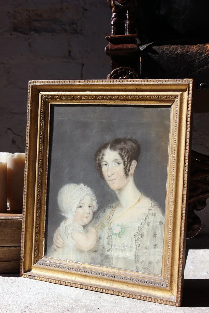 A Good c.1830s Provincial English School Pastel Portrait of a Mother & Child