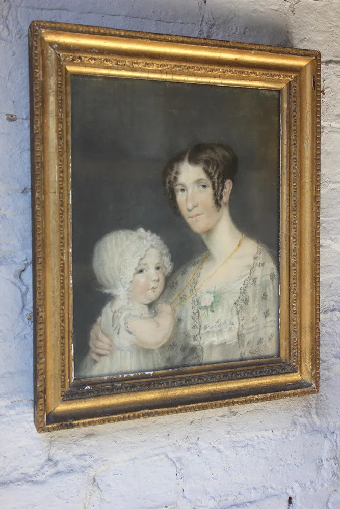 A Good c.1830s Provincial English School Pastel Portrait of a Mother & Child