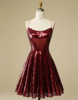 A-Line Burgundy Sequin Straps Backless Homecoming Wedding Party Dress