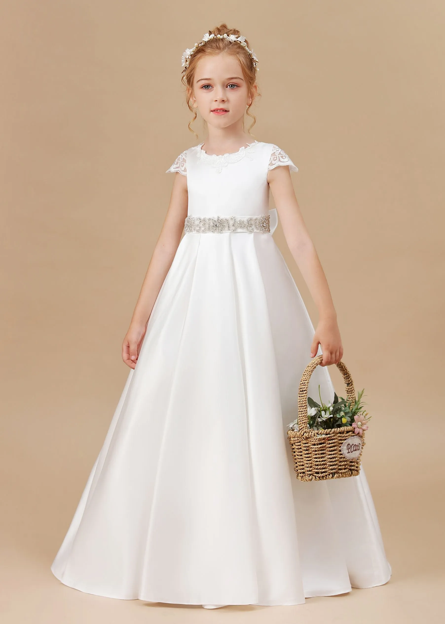 A-line Floor Length Bowknot Ivory Satin Flower Girl Dresses With Rhinestones Waist